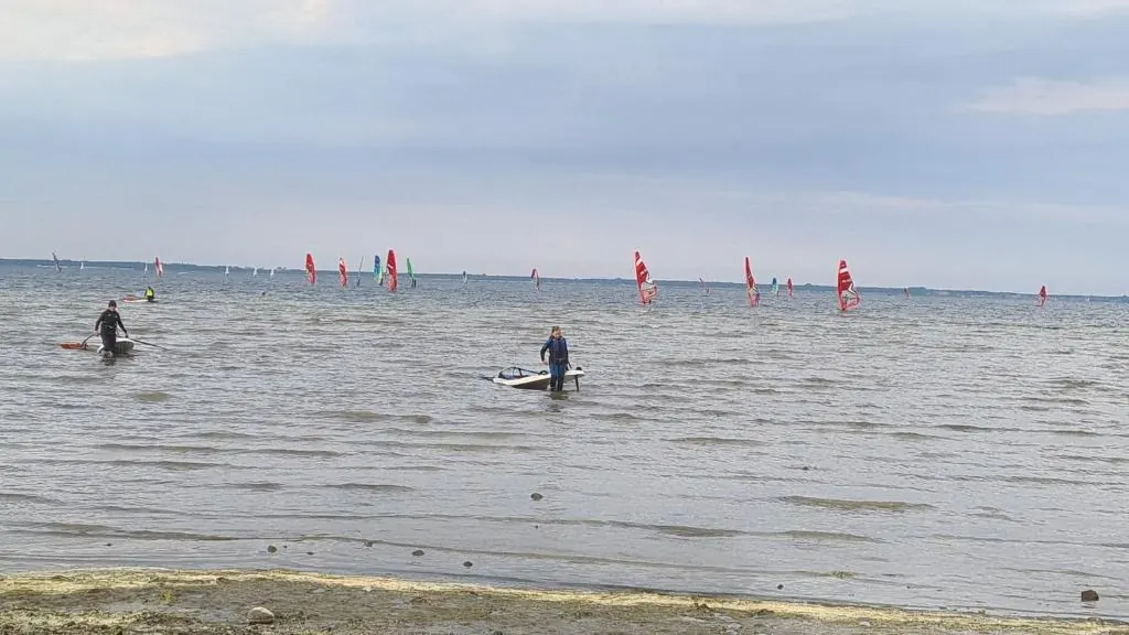 Windsurferzy na płytkiej wodzie przy brzegu