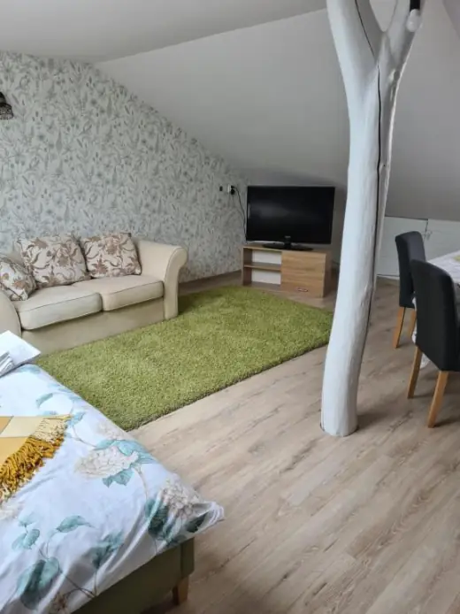 Pokój dzienny na poddaszu z sofą i telewizorem