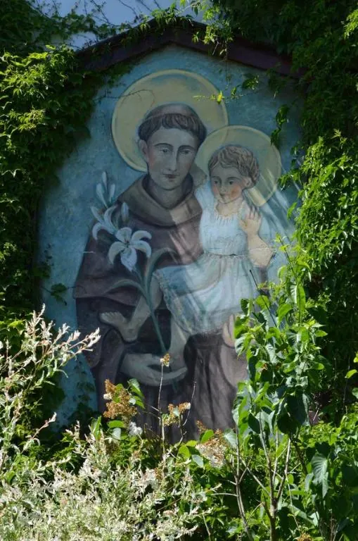 Mural ze św. Antonim z Dzieciątkiem na ścianie dworku, w otoczeniu bluszczu